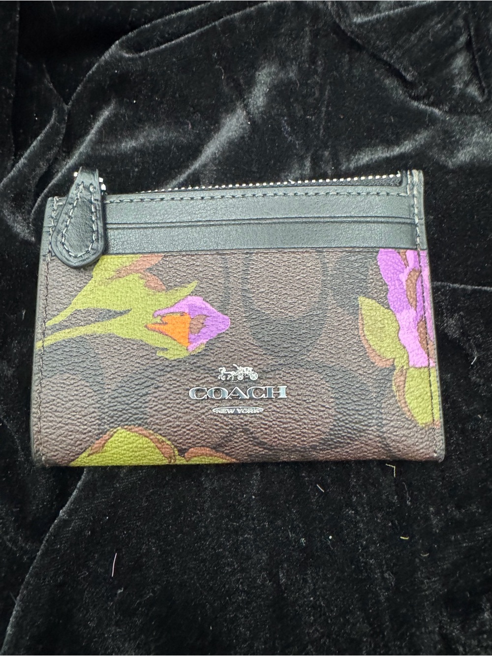 COACH Brown Signature Floral Zip Card Case with Pink & Green Accents